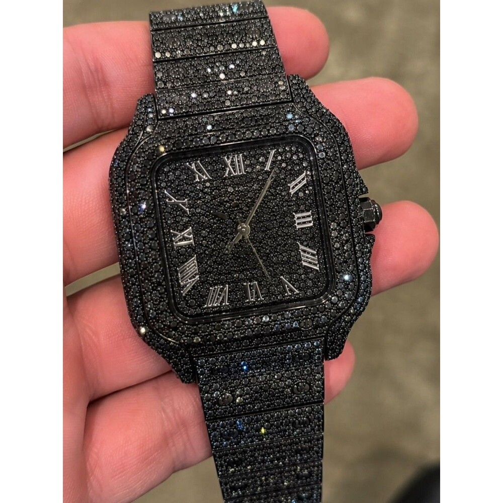 Iced Out VVS Simulated Black Diamond Stainless Steel Watch Pave Set Fully Iced